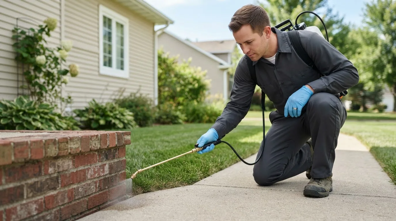 Pest control technician treating a home near Frankton, IN